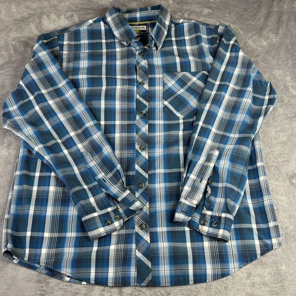 Magellan Outdoors Shirt Men’s L‎ Blue Plaid Long Sleeve Loose Fit Adventure Gear - Picture 2 of 10